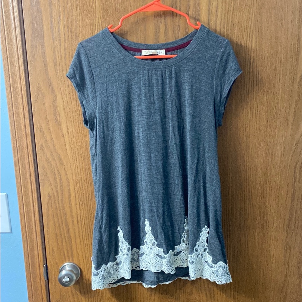 “5/$20” Rewind size large Gray Top with Lace Hem